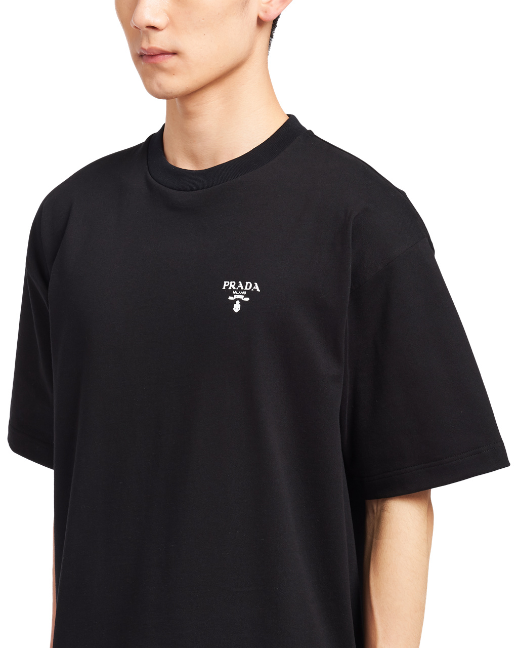 Prada Bavlněné T-shirt With Nylon Details Černé Černé | 923618MQL