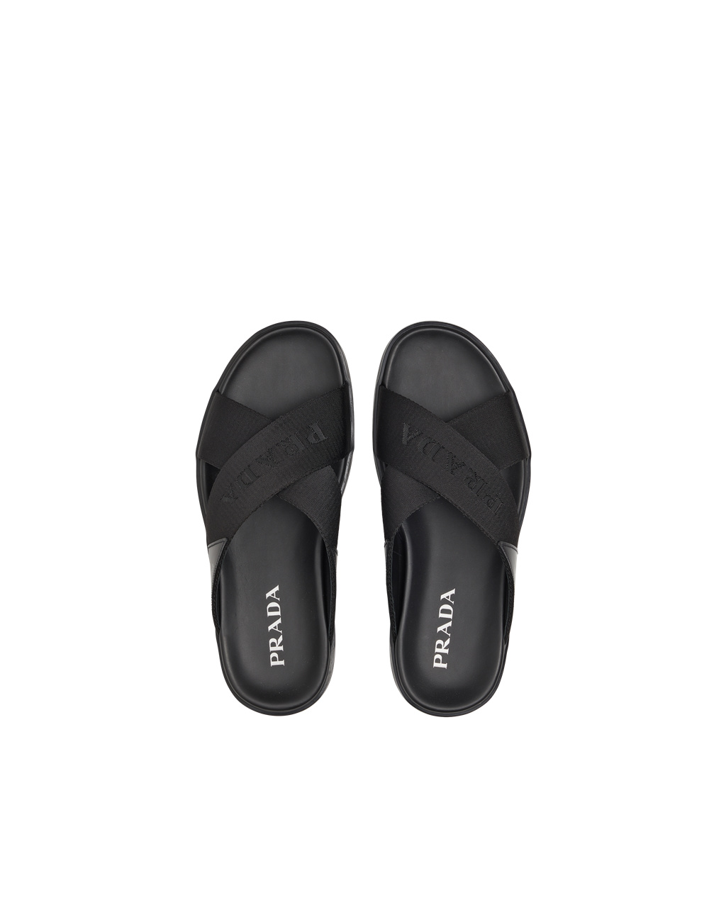 Prada Brushed Læder And Nylon Tape Crisscross Slides Černé | 613072VKW