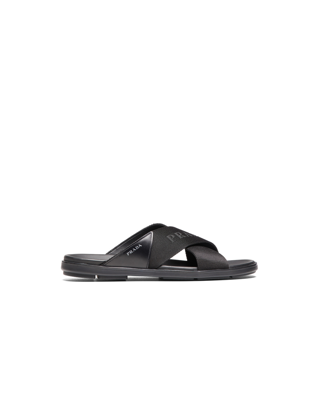 Prada Brushed Læder And Nylon Tape Crisscross Slides Černé | 613072VKW