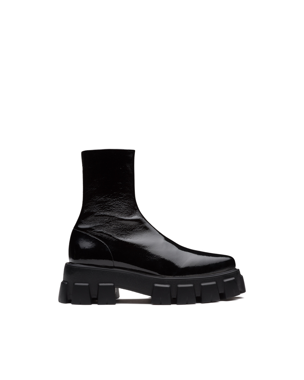 Prada Monolith Pointy Technical Lakovaná Læder Booties Černé | 167093YKV