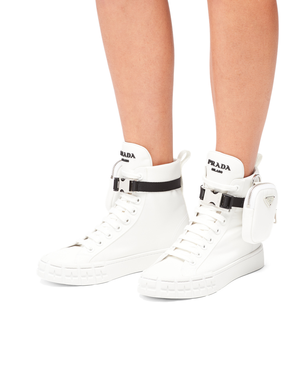 Prada Wheel Re-nylon Gabardine High-top Sneakers Bílé | 853694PZT